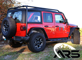 A Red JL Wrangler 4xE With Rack System Mounted on the Jeep