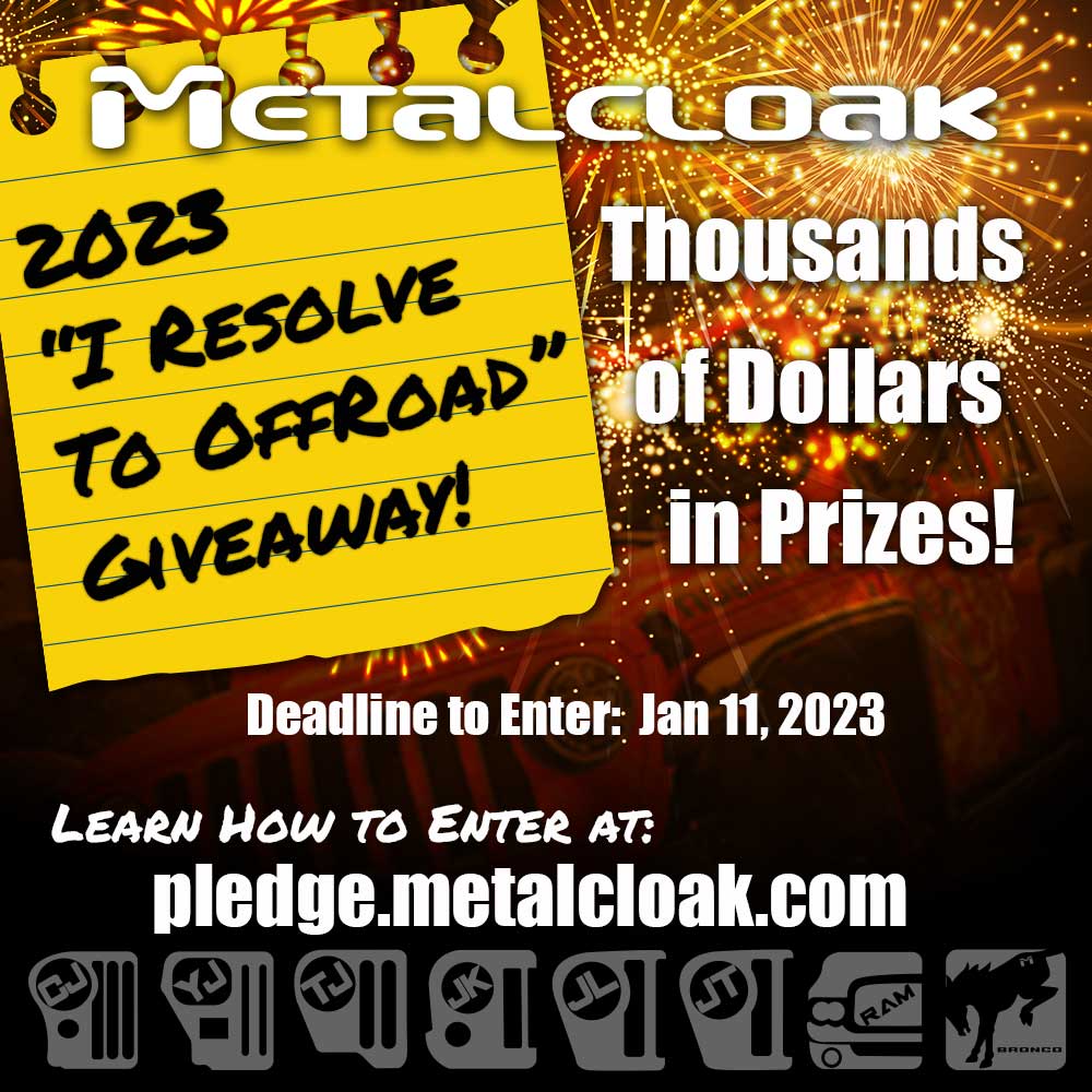 2023 MetalCloak I Resolve To Offroad Giveaway with thousands of dollars in prizes red jeep with fireworks and piece of paper