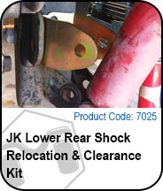JK lower rear shock relocation and clearance kit with red shock