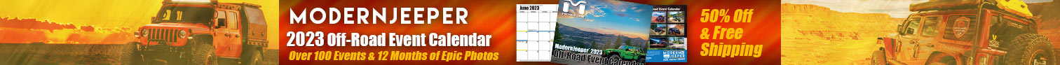 ModernJeeper's 2023 off-road event calendar featuring MetalCloak jeeps to plan your wheeling adventures with a green and black Jeep and mountains with blue and pink sky