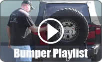 Bumper Playlist with a man in black t-shirt standing next to red and black Jeep CJ's rear tire