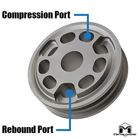 silver piston compression ports and rebound port to produce an even force-load to butterfly valve shims