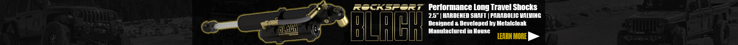 MetalCloak's RockSport Black performance travel long shocks 2.5 inch hardened shhaft and stackless valving that's designed and developed by MetalCloak and manufactured in house with black and gold shock and multiple Jeeps on Rubicon trail