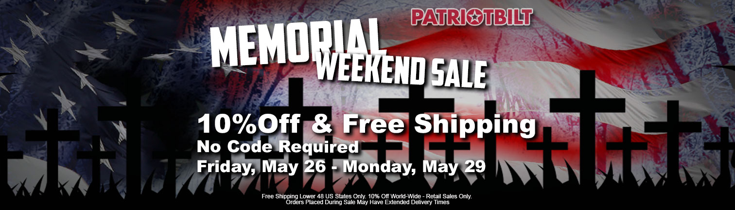Patriot Bilt Memorial Weekend Sale with 10 percent off products and free shipping storewide to continental United States with American flag and trees and grave crosses in a field